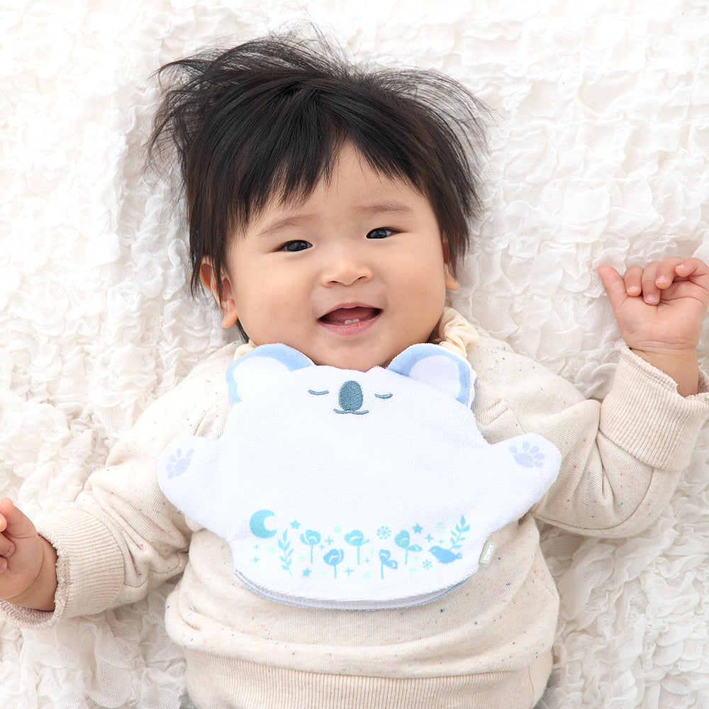 胸元にいないいないばぁスタイコアラをかけた赤ちゃん